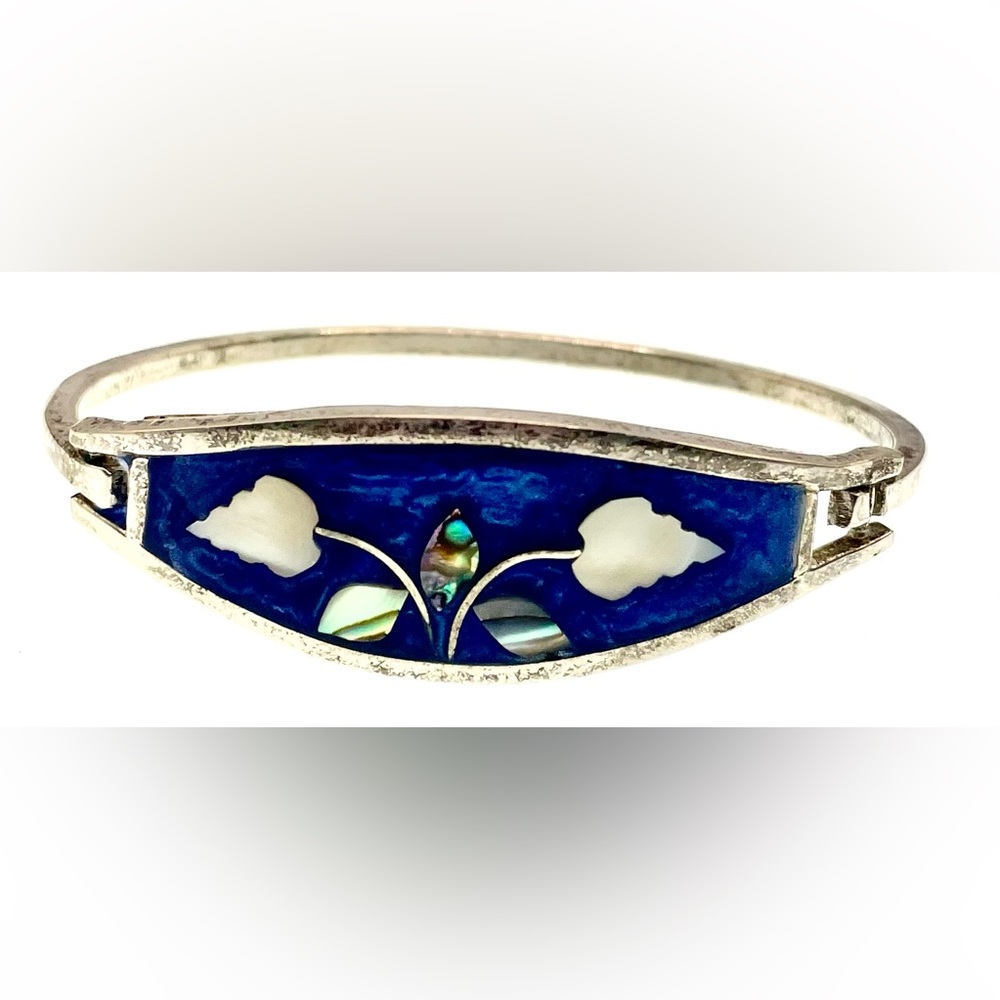 Vintage Signed Alpaca Mexico Silver Blue Enamel Inlaid Abalone MOP Bracelet - Picture 3 of 8